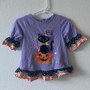Good Lad Purple Halloween Cat & Pumpkin Ruffle Top with Orange Trim
